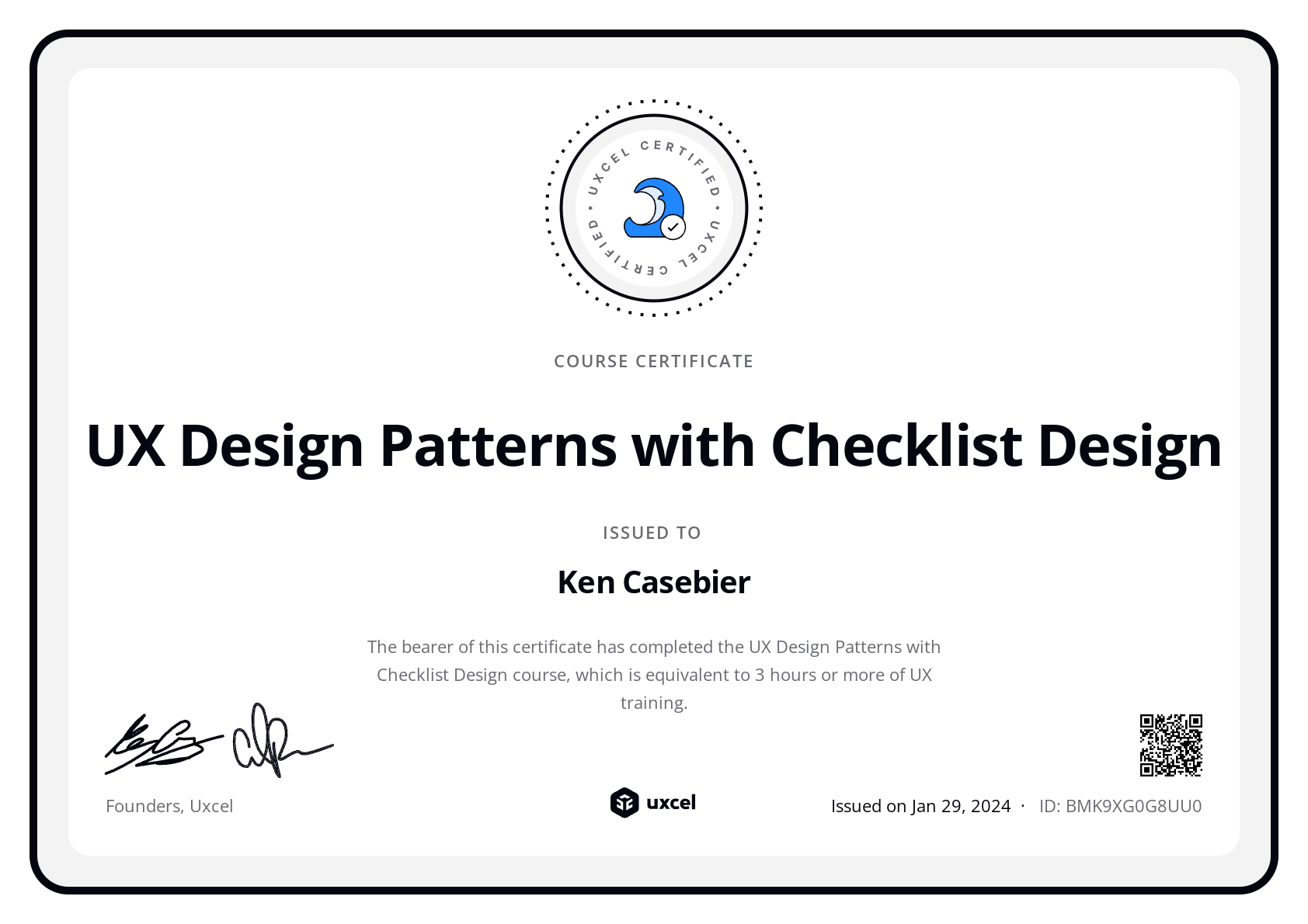 Ken Casebier's certificate